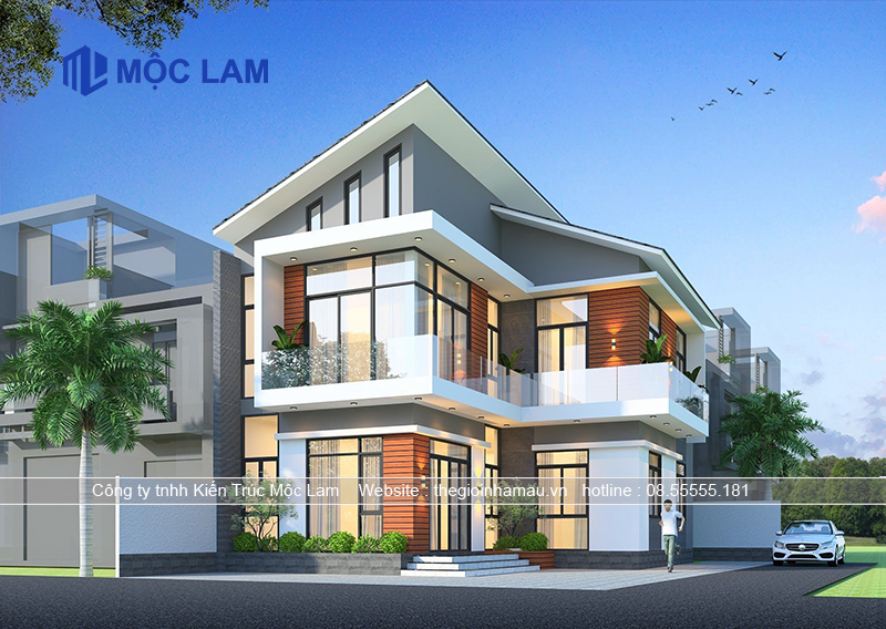 Mẫu nhà 2 tầng mái chéo hiện đại đẹp 2024