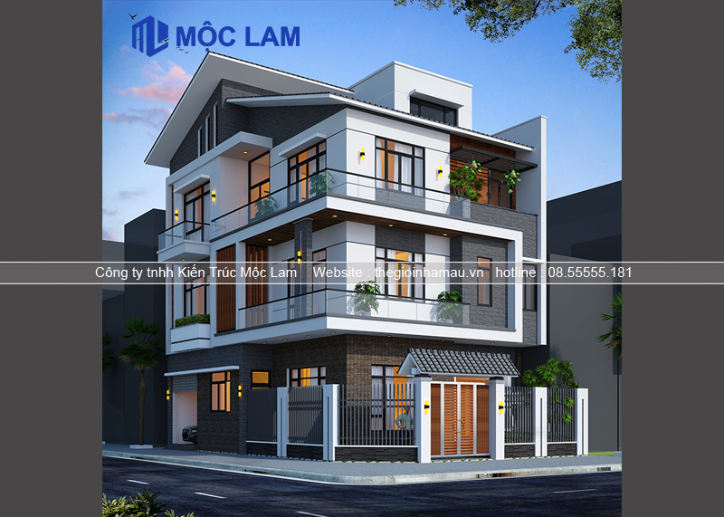 Mẫu nhà phố 3 tầng mái chéo đẹp